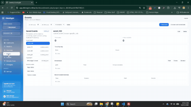 ClickSight events interface showing event setup rules and event trend analysis.