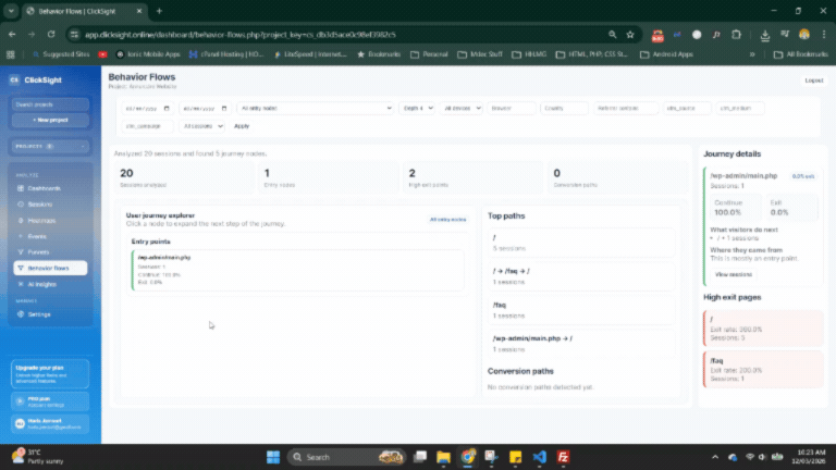 ClickSight behavior flow visualization showing journey branches and path transitions.