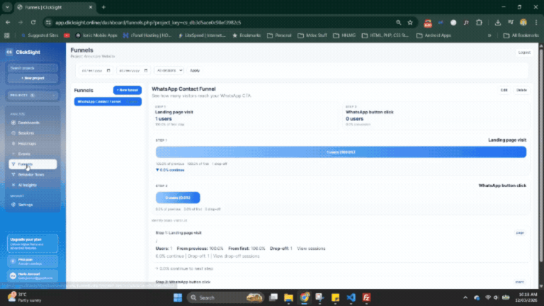 ClickSight funnel analysis showing conversion steps and drop-off detail across a user journey.