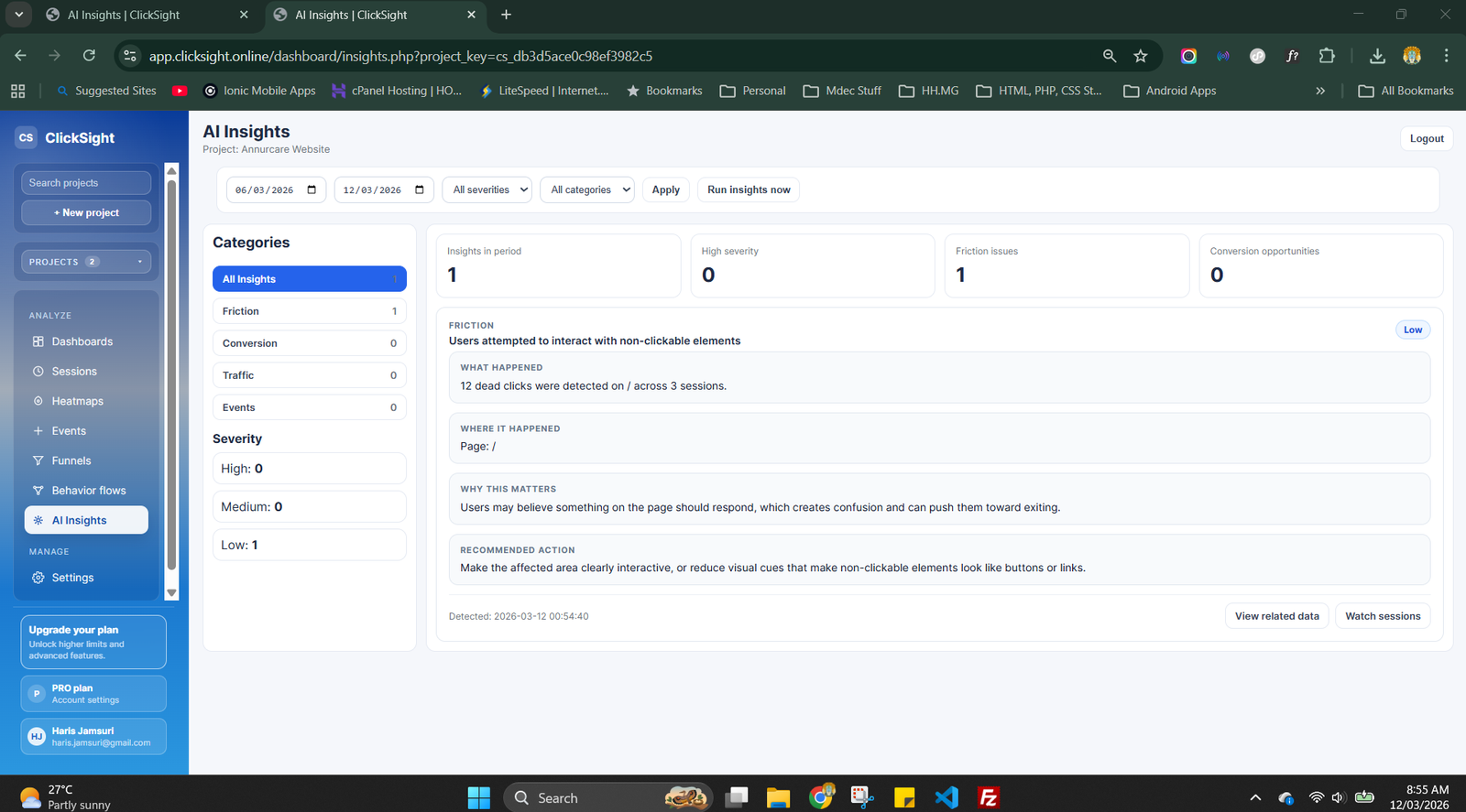 ClickSight AI insights interface showing anomaly detection and behavior insight context.