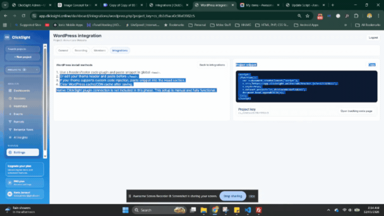 ClickSight integrations interface showing setup options and installation workflow.