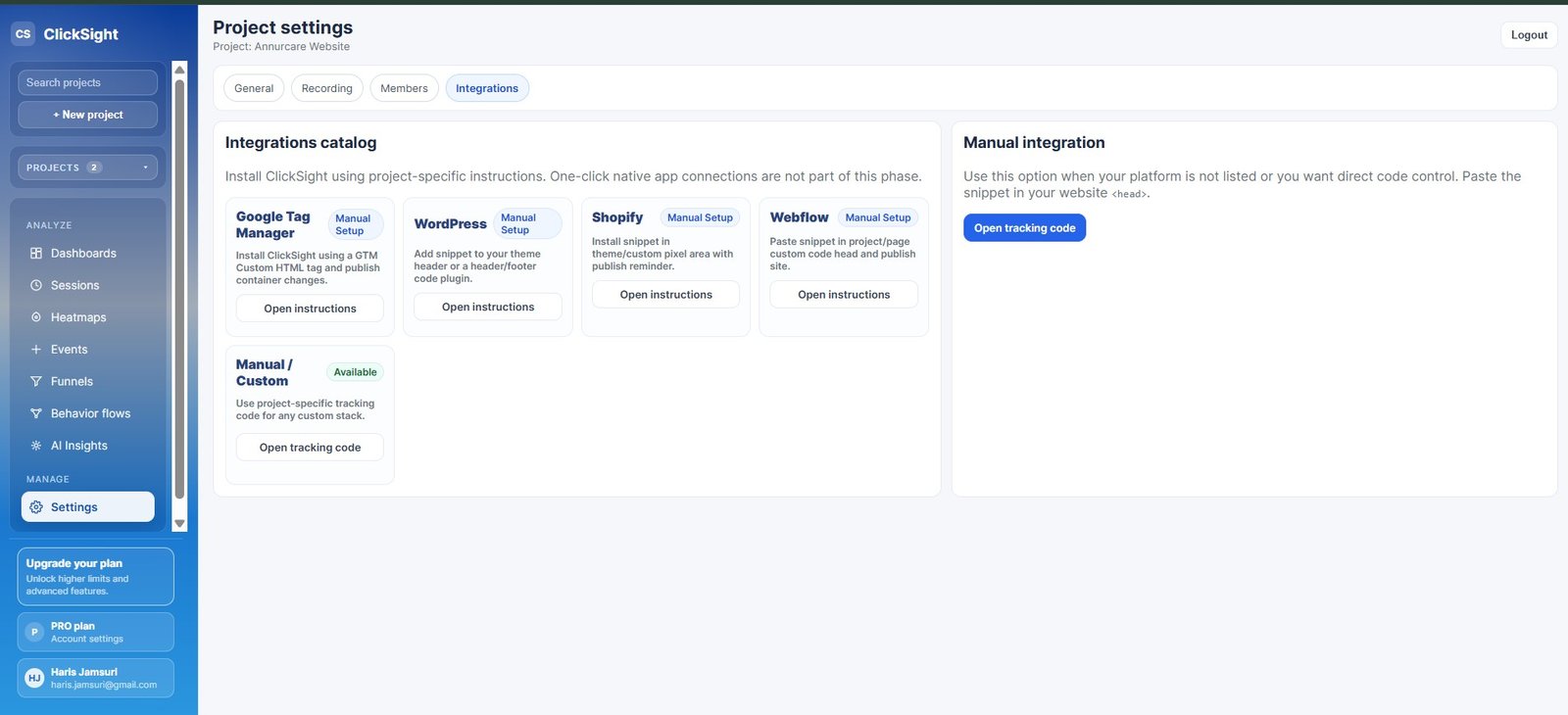 ClickSight integration setup list showing supported platforms and installation options.